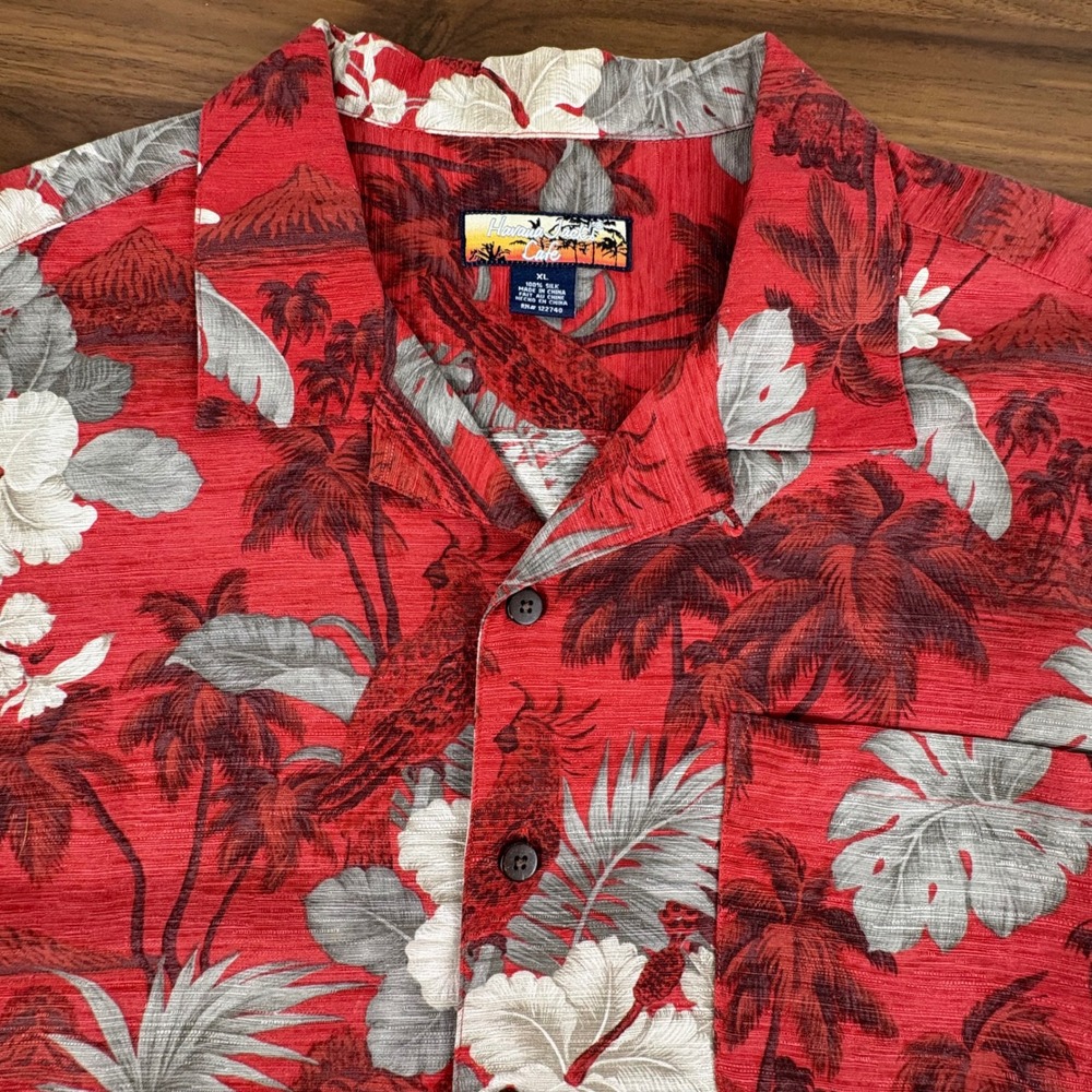 Havana Jacks Cafe Mens XL Red 100% Silk Tropical Parrot Hibiscus Hawaiian Shirt